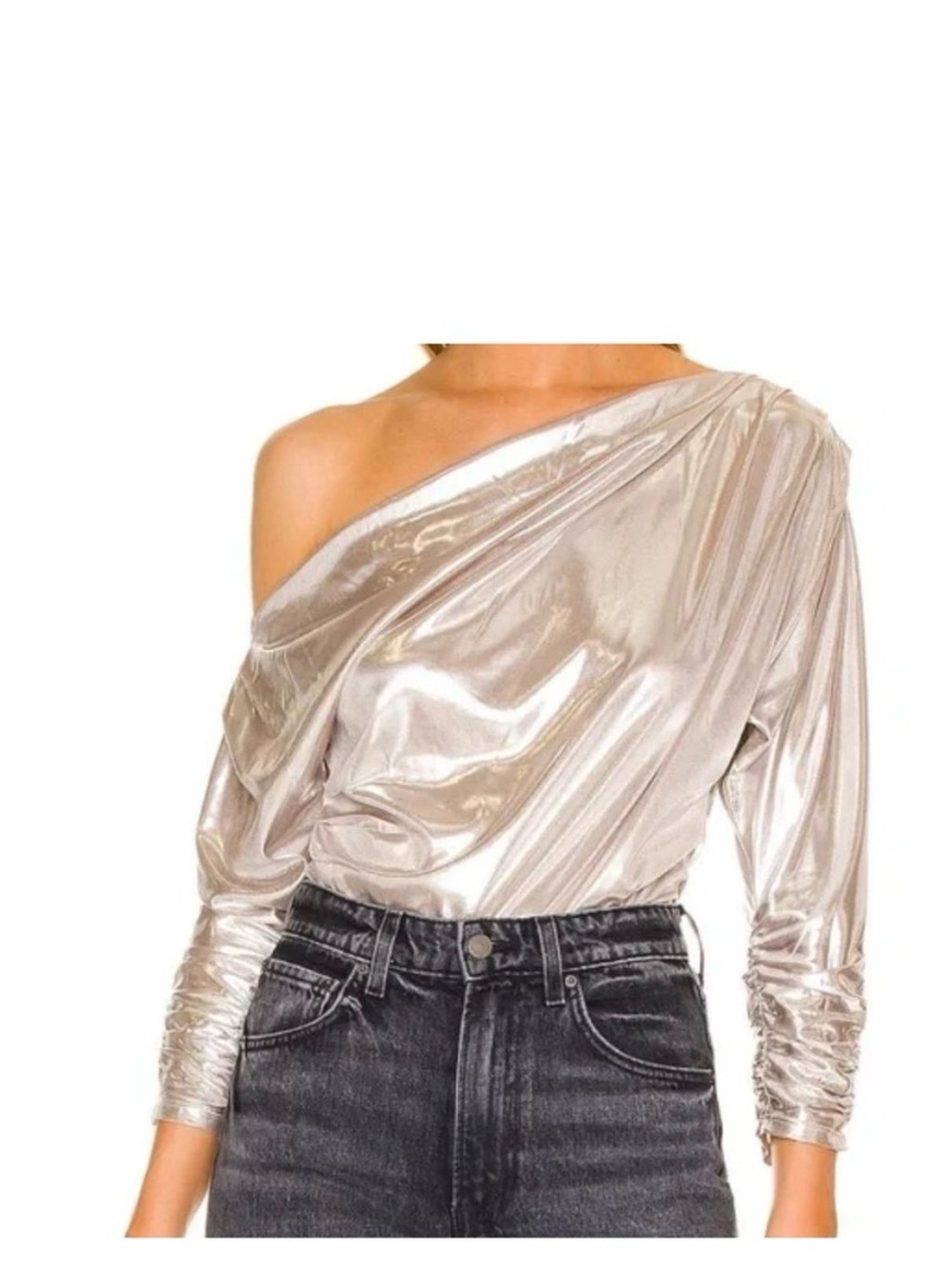 Astr Metallic One-Shoulder Long Sleeve Top - Silver